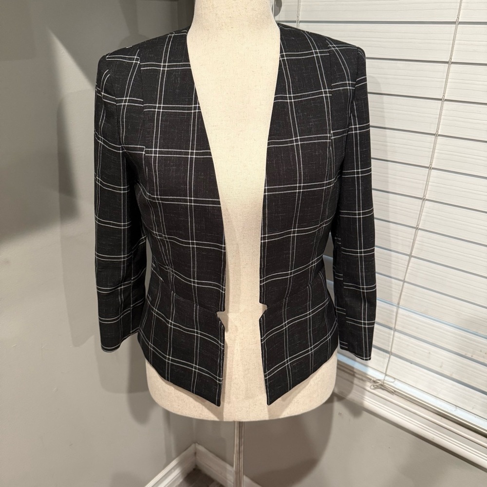 TAHARI Arthur S.Levine Women's Black Plaid Open-Front Blazer